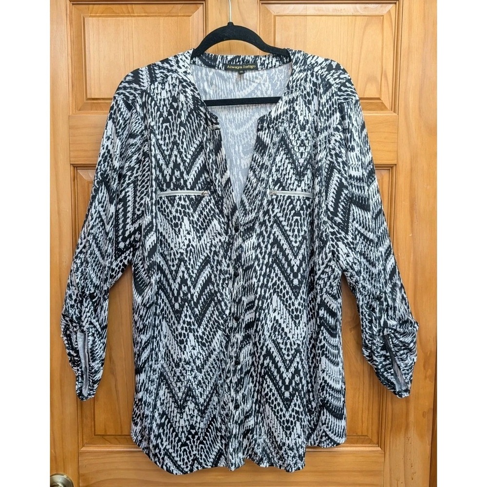 Always Indigo Women's Tunic 2X Top Button-Down Front Tab Button Long Sleeves